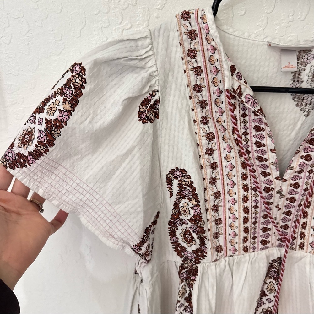 Knox Rose White Paisley Print Flutter Sleeve Tassel Boho Blouse S - Picture 5 of 6